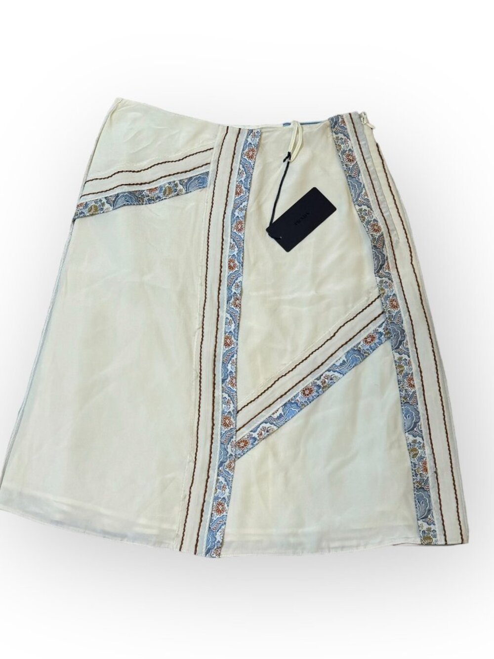 PRADA 2015 Antique Silk Midi Skirt in Naturale Avio Womens 38 (US 2) - NWT!